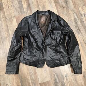 Frida G Blazer Womens Large Black Faux Leather Jacket Button Front Lined Pockets